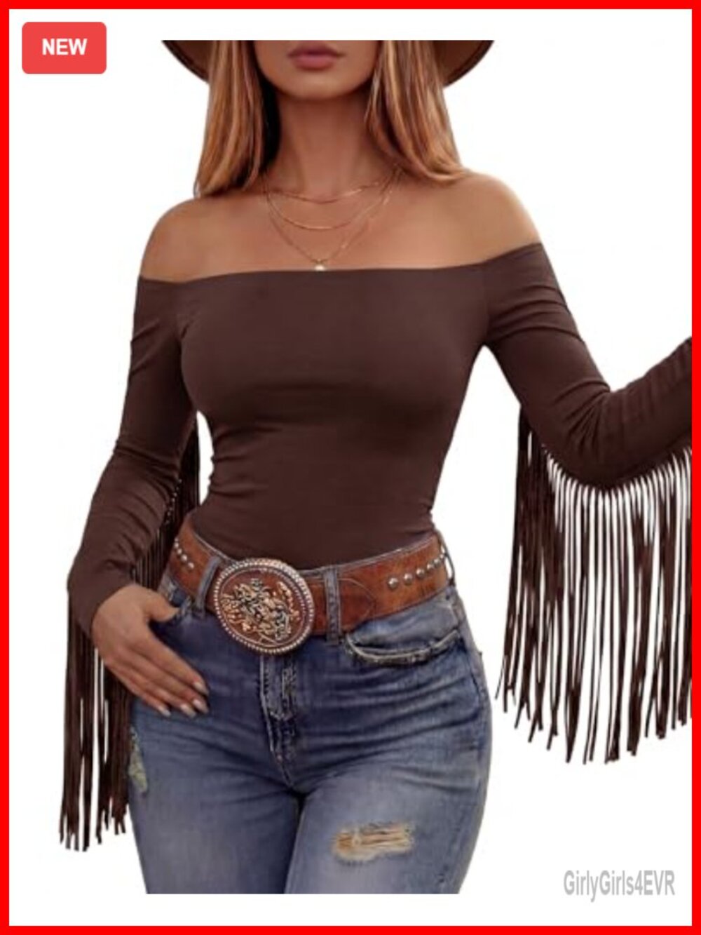 Women's Off Shoulder Fringe Top Long Sleeve Fitted Western Cowgirl Shirt